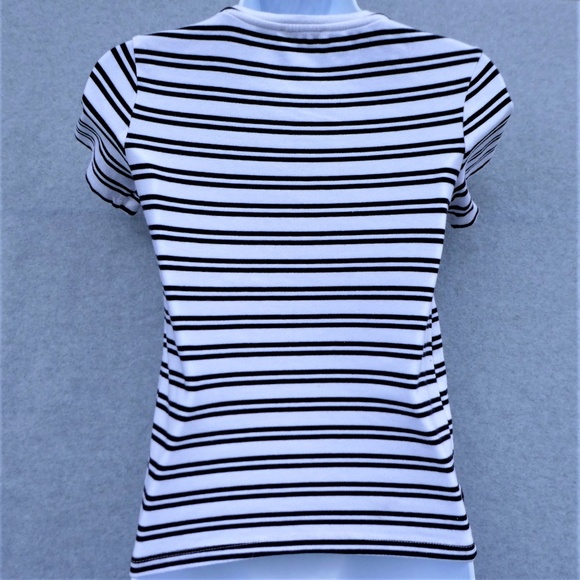 Zara Tee T Shirt White Double Black Stripe Flower Appliques 3D Crew S - Picture 3 of 4